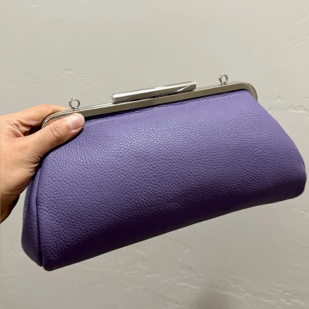 Purple Pebble Calfskin Leather Handmade Push Lock Baguette Bag, Multi Use Style